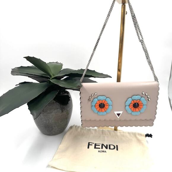 Fendi Beige Blue Orange Owl WOC Crossbody Bag SHW Scalloped Edges - Picture 1 of 14